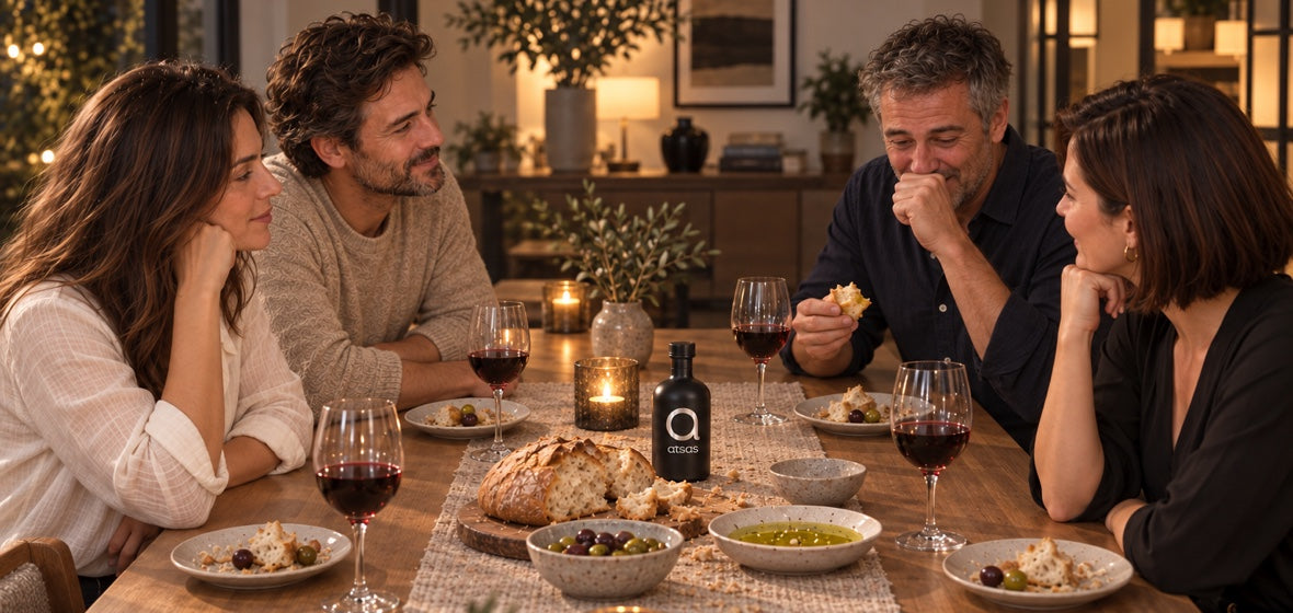 A dinner table with the black Atsas Silver bottle, crusty bread and guests mid-conversation