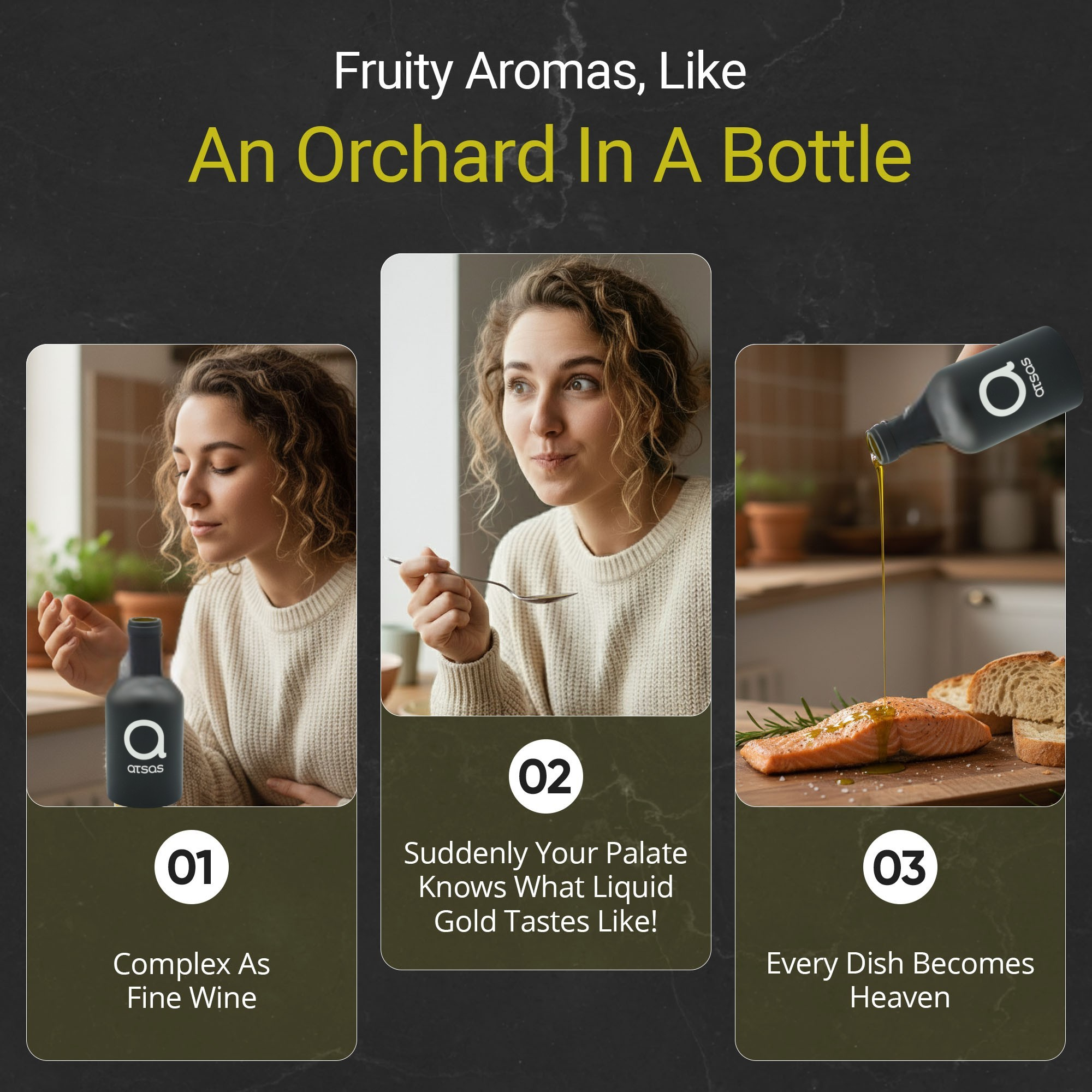 Atsas Silver extra virgin olive oil aroma, tasting and serving presentation