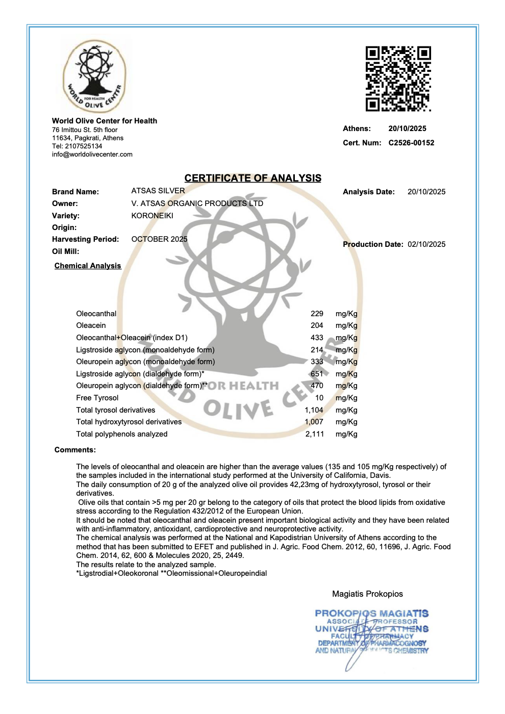 Certificate of analysis C2526-00152 for the October 2025 Atsas Silver harvest