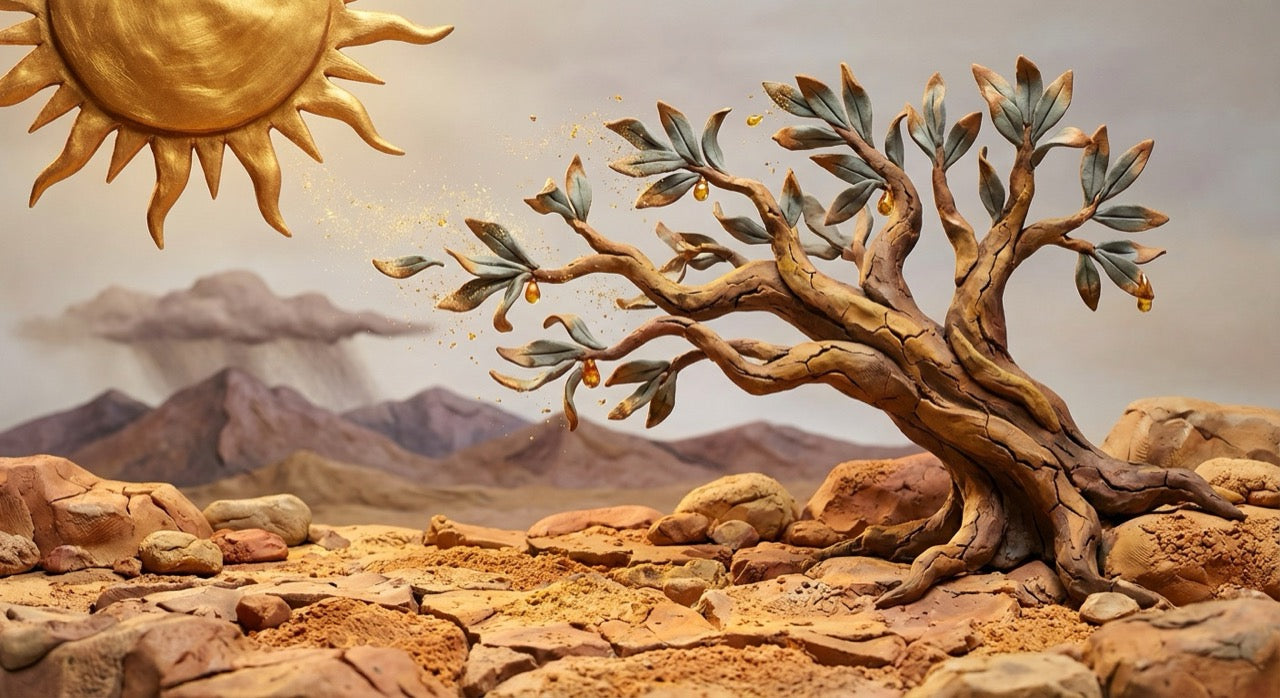 Olive trees on dry terraced ground under the Cyprus sun