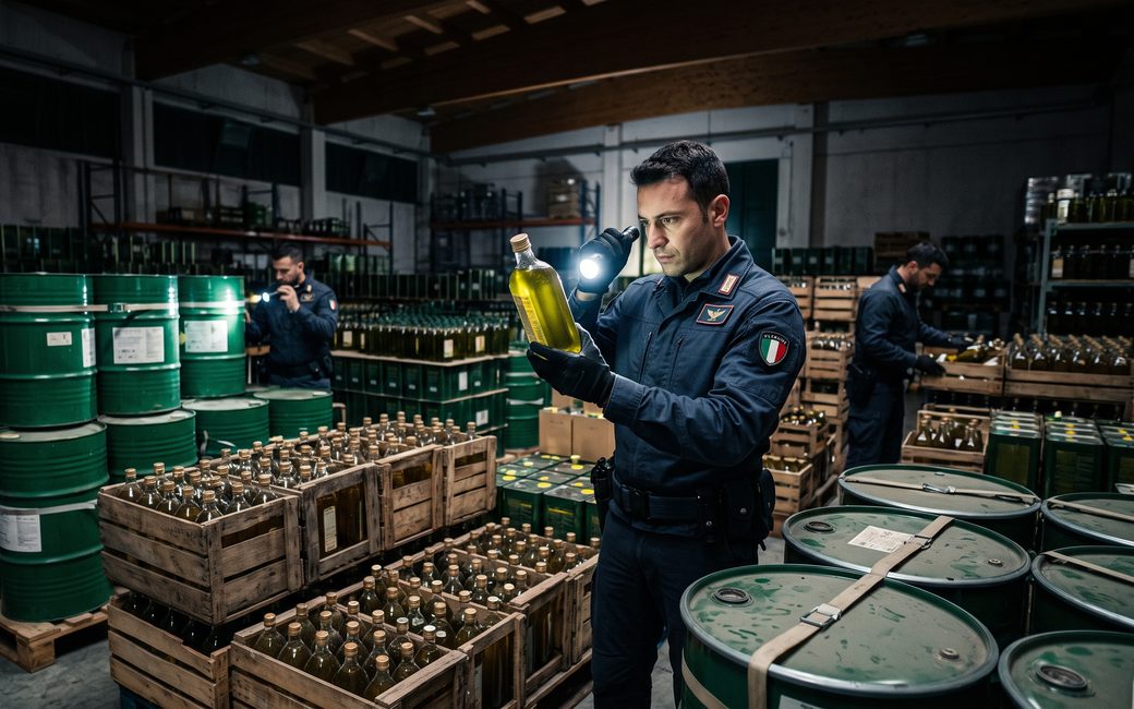 Illustration: inspectors in a warehouse of drums and unlabelled bottles, one holding a bottle of murky olive oil up to a torch