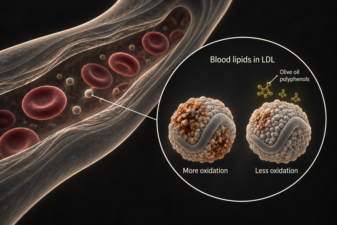 LDL particles in the bloodstream with copper-coloured patches of oxidative damage