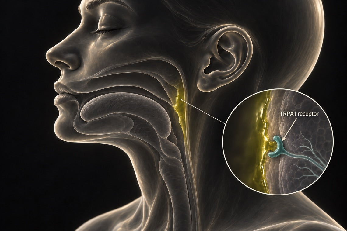 Cutaway of the throat showing where oleocanthal registers as the peppery catch