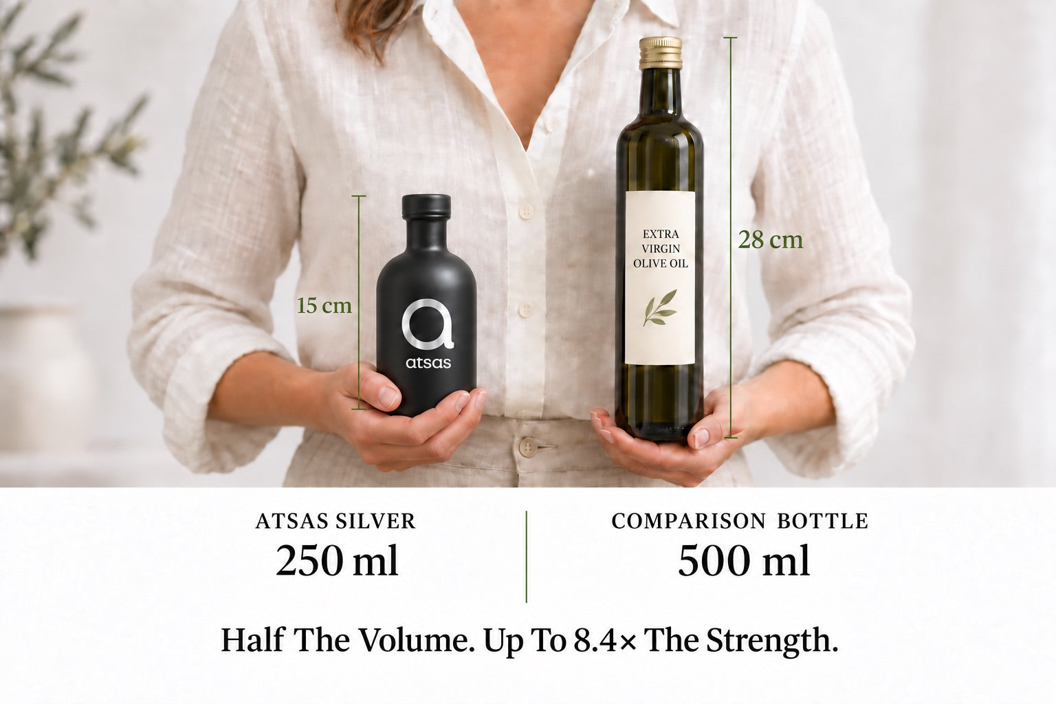 Atsas Silver's 15 cm bottle beside a standard 28 cm olive oil bottle, both labelled with their heights