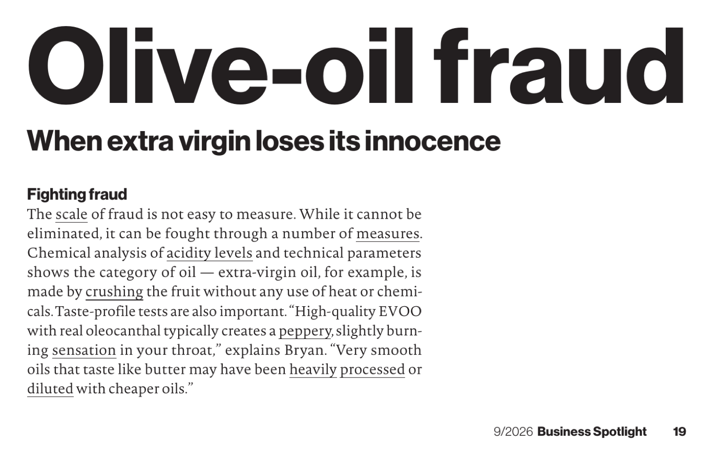 Extract from Global Business 9/2026, Olive-oil fraud, quoting Deon Bryan
