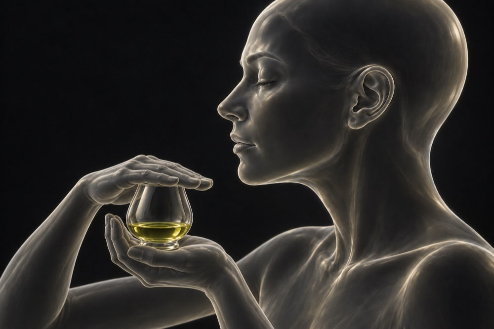 Hands cupping a small glass of olive oil to warm it