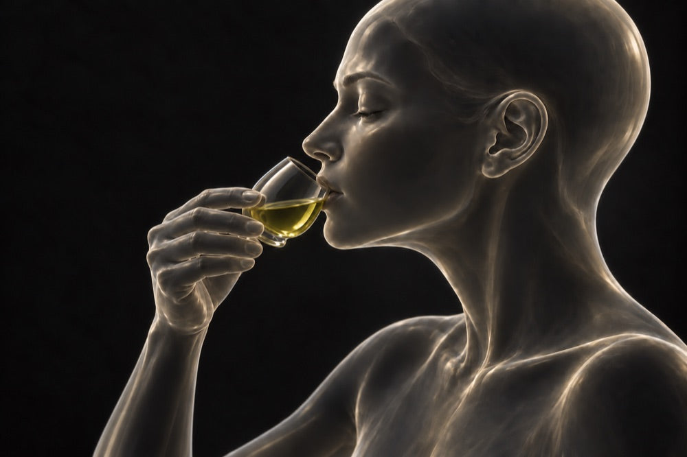 Taking a small sip of the olive oil