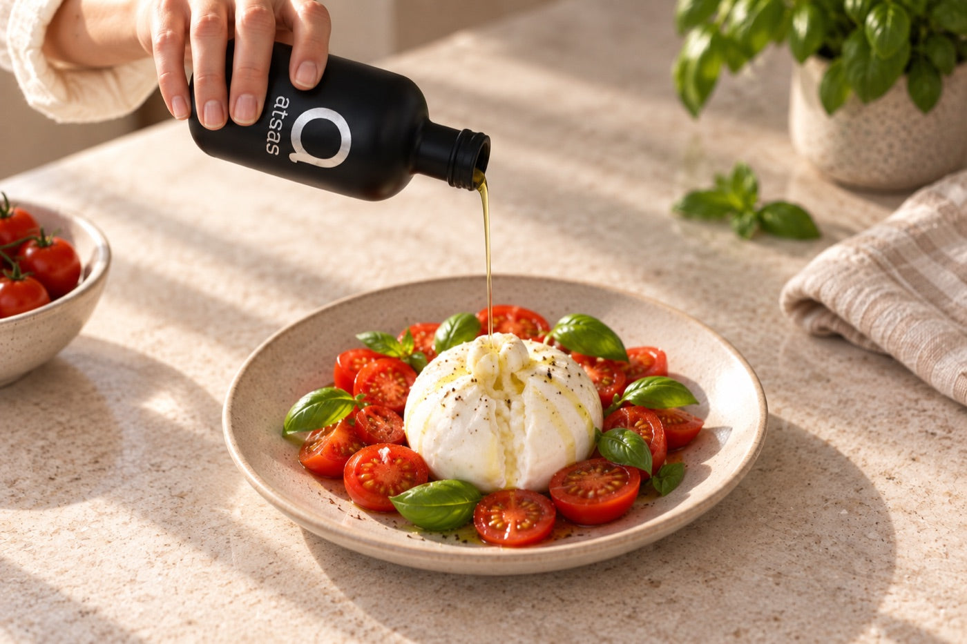 Atsas Silver poured over fresh burrata and tomatoes