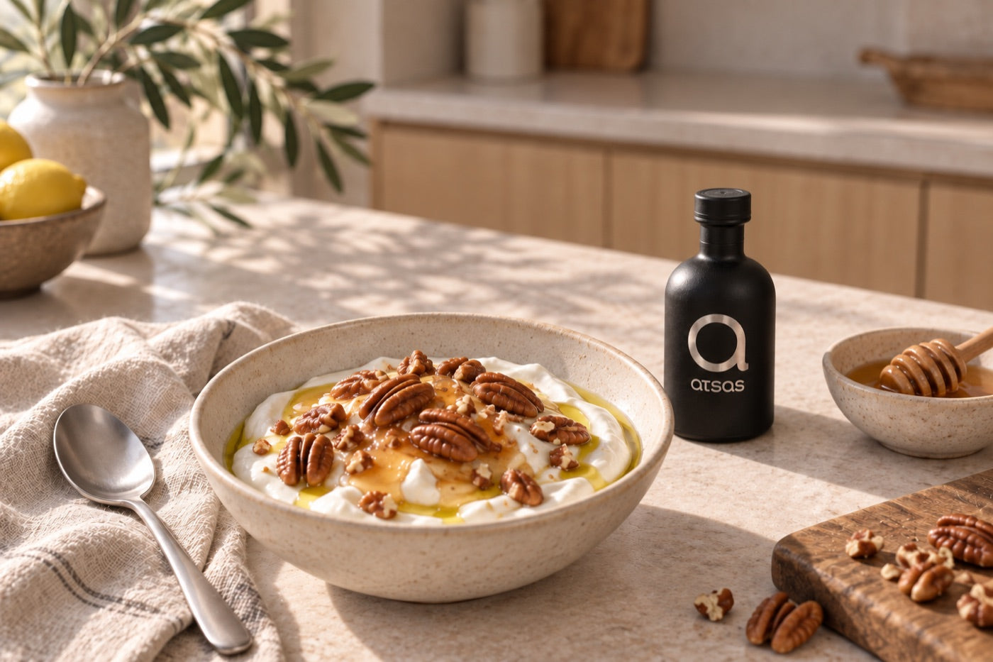 A bowl of yoghurt with pecans and honey, finished with Atsas Silver